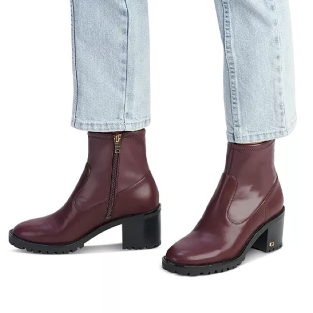 Coach Joy Lug-Sole Booties in Dark Cranberry